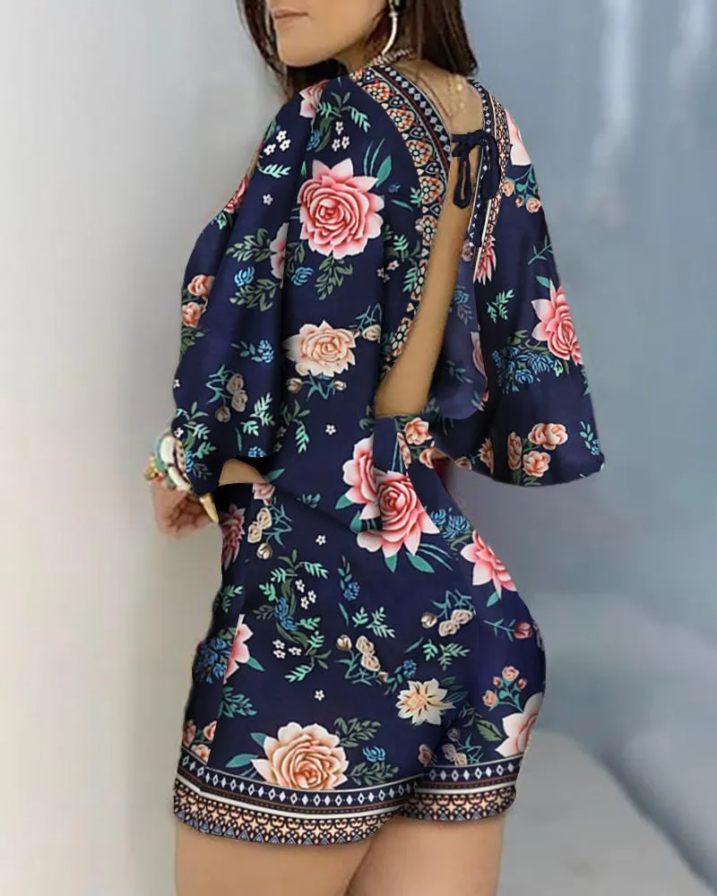 Deep V Neck Floral Half Sleeve Romper Women Playsuits Summer Casual One Piece Overalls