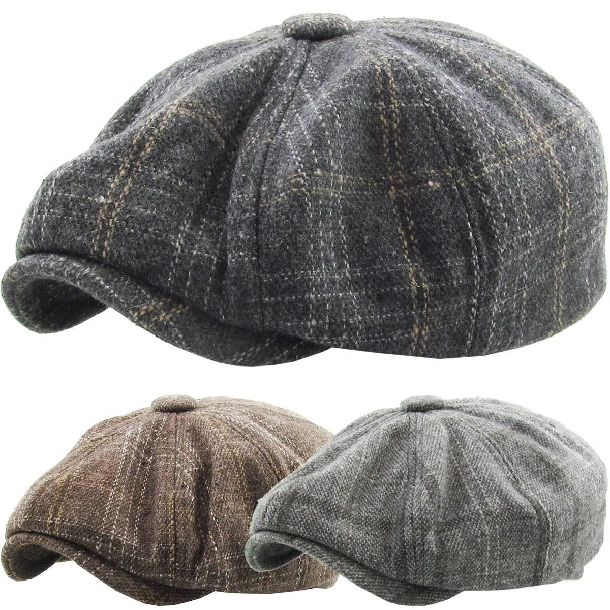 Grey Plaid Button Newsboy Hat