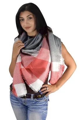 Grey Red Multicolor Tartan Plaid Oversized Blanket Scarf Shawl Wrap Poncho