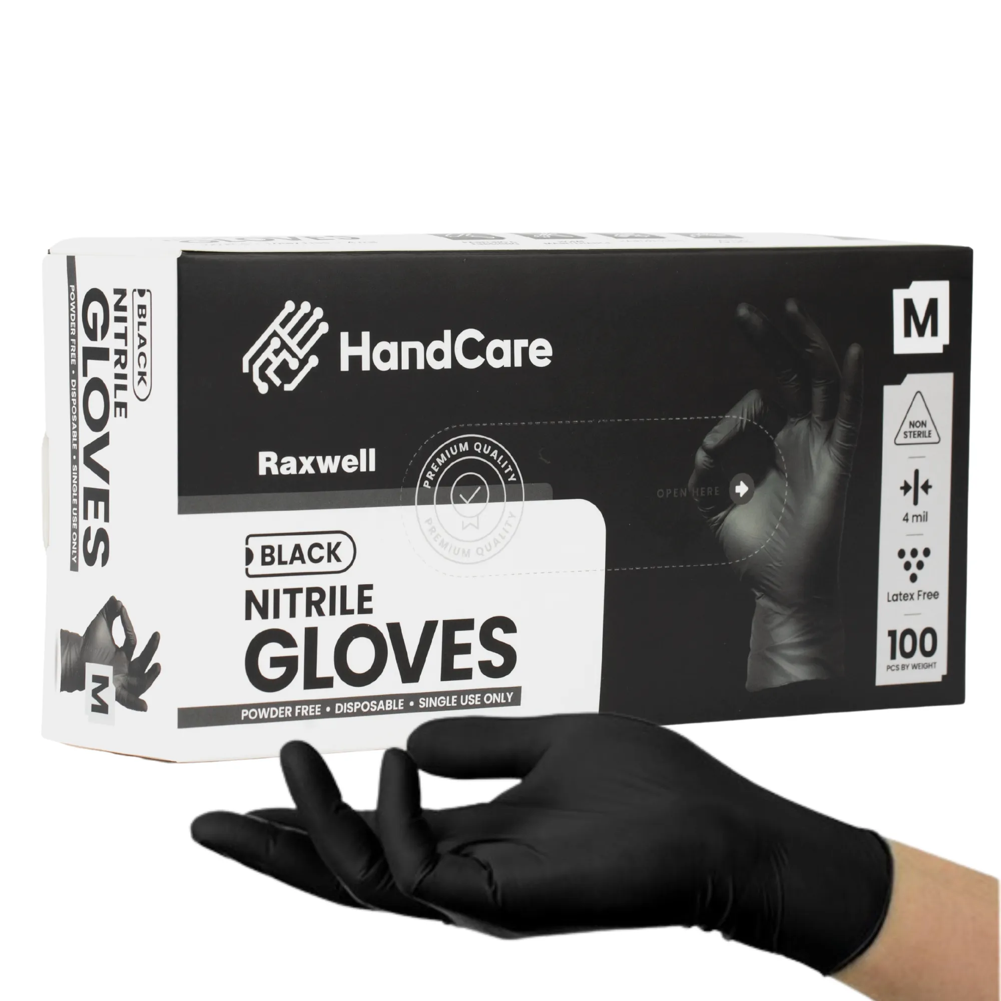 HandCare Black Nitrile Gloves - Exam Grade, Powder Free (4 Mil)