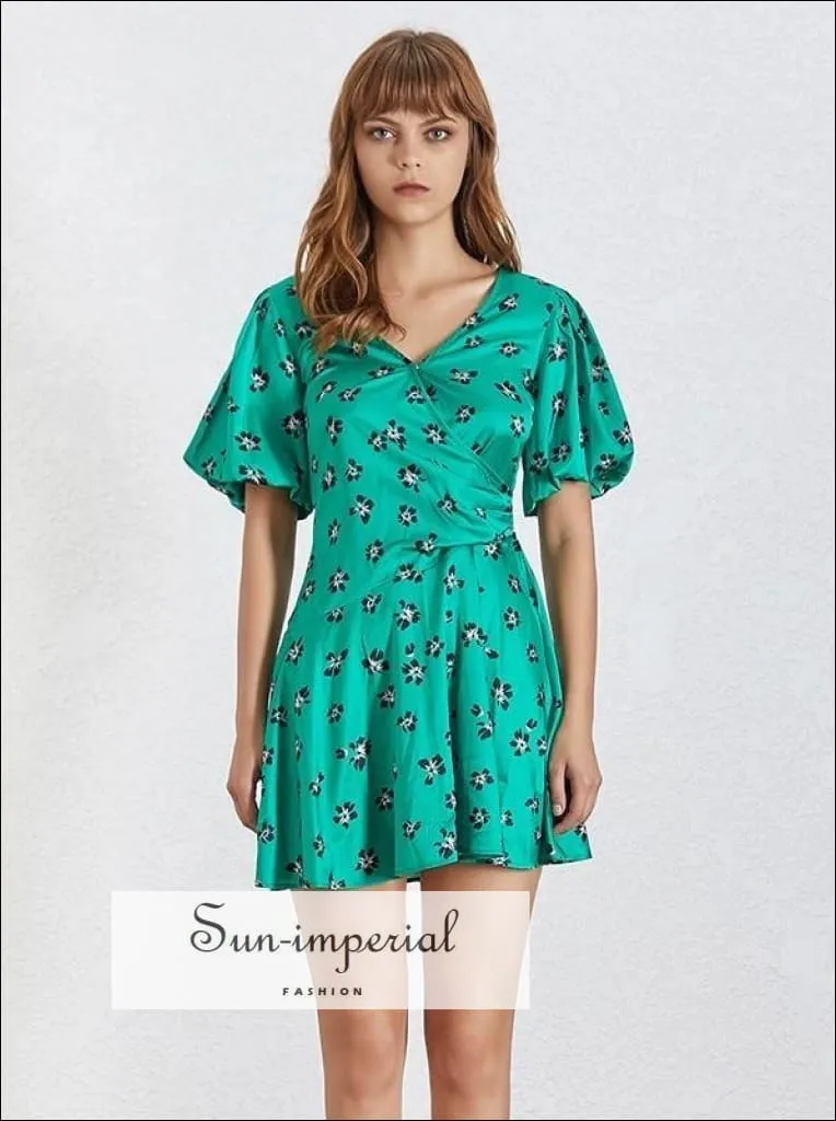 Ivanna Dress in Poison - Summer Print Mini Dress for Women V Neck Short Sleeve High Waist Slim Dress