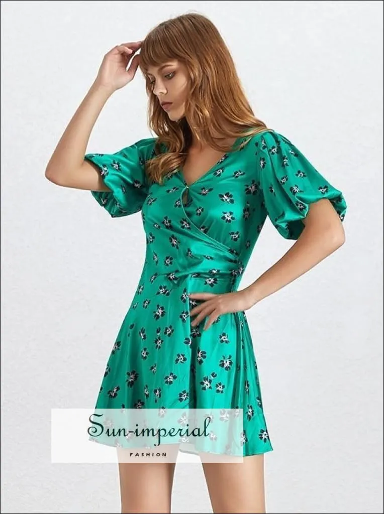 Ivanna Dress in Poison - Summer Print Mini Dress for Women V Neck Short Sleeve High Waist Slim Dress