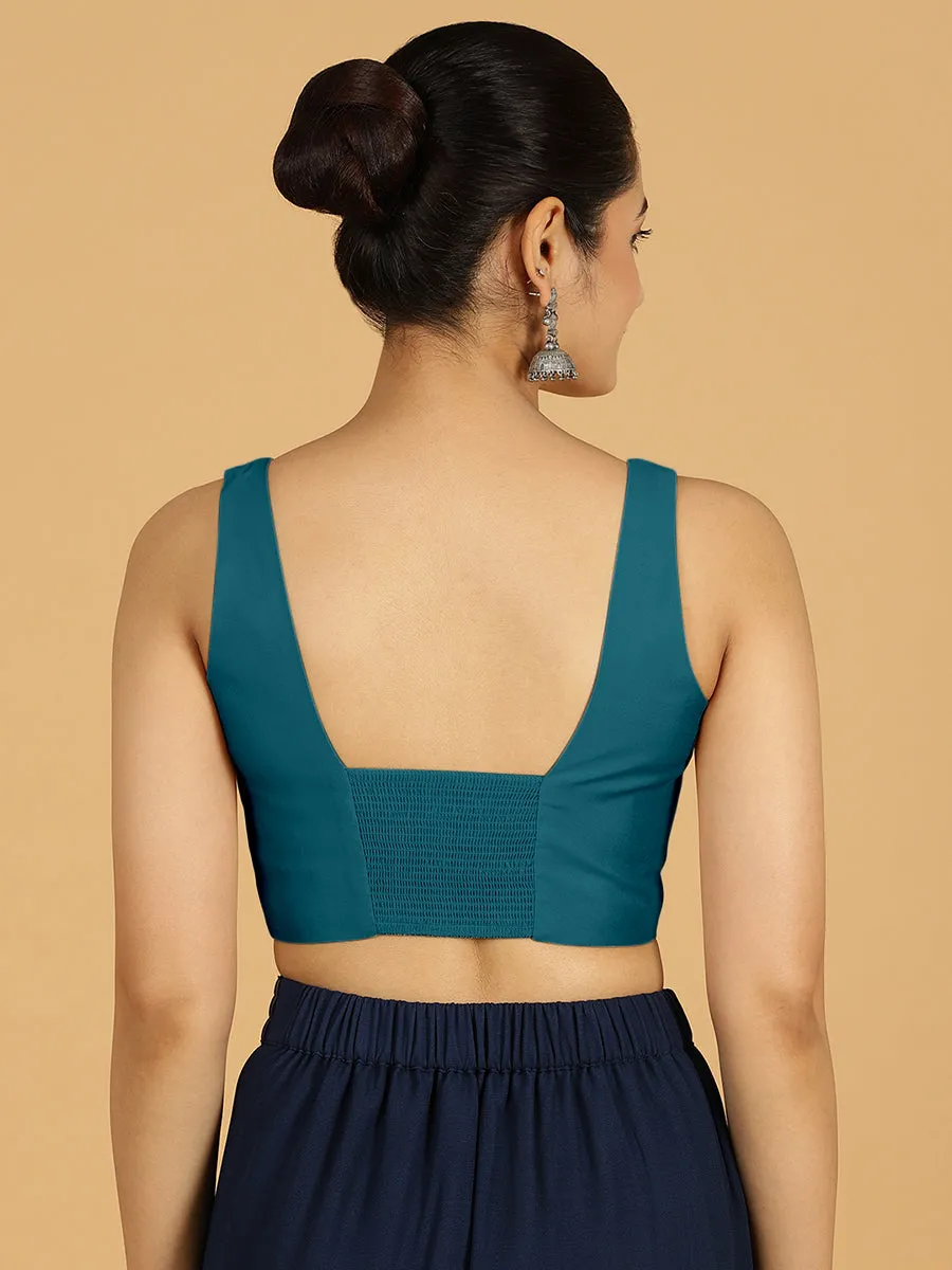 Kasturi x Rozaana | Sleeveless Saree Blouse in Crystal Teal