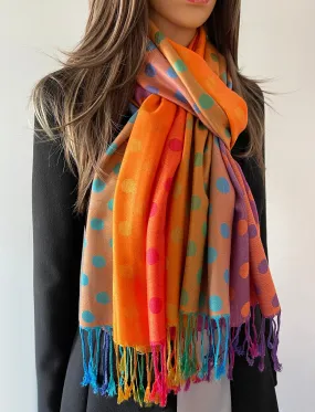 LARGE ORANGE MULTI-COLOUR DOT PRINT PASHMINA SHAWL SCARF