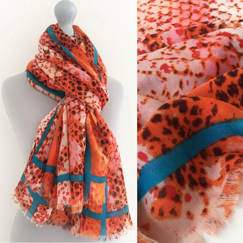 LARGE ORANGE SNAKESKIN PRINT SHAWL SCARF WITH STRIPE