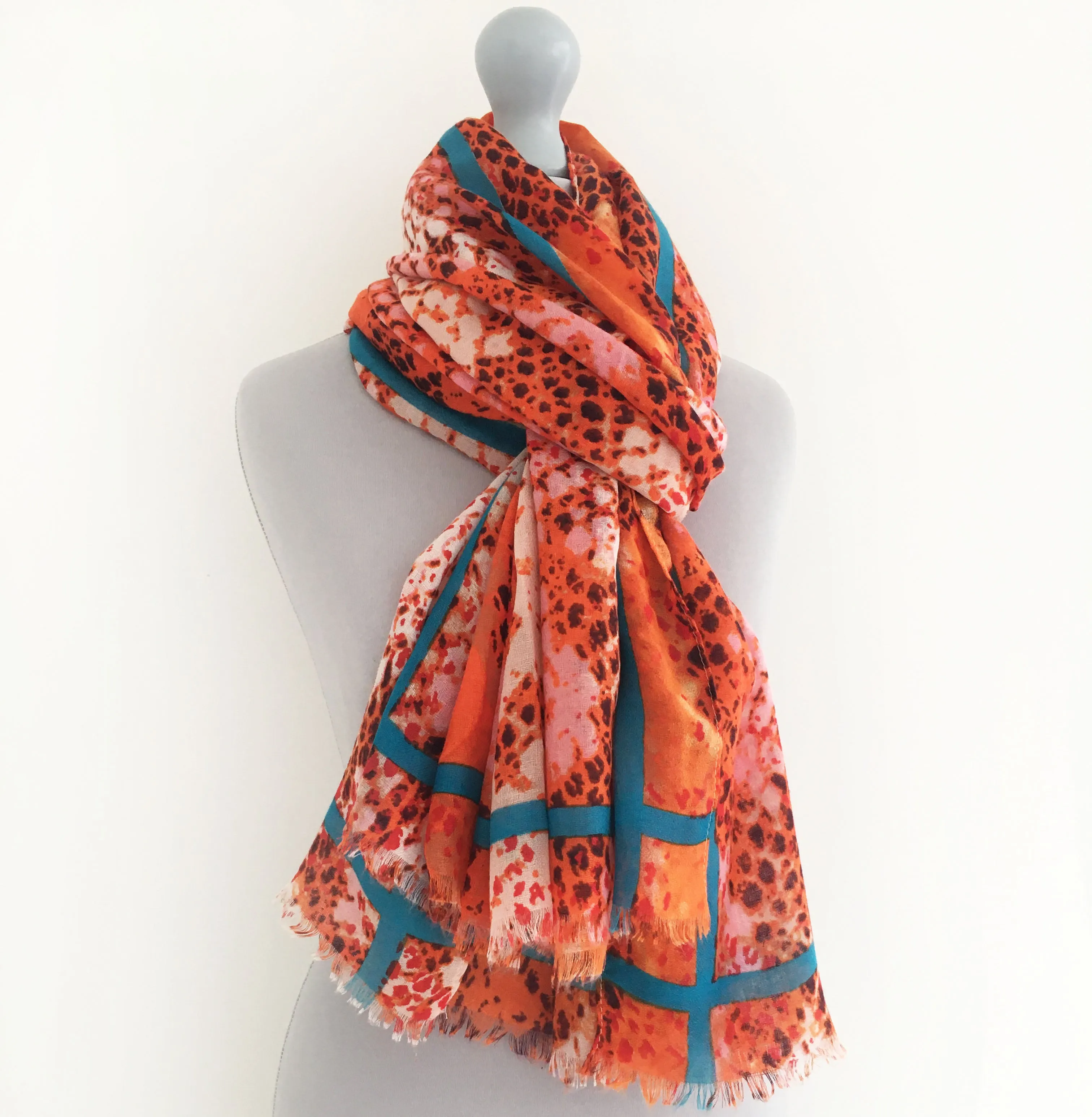 LARGE ORANGE SNAKESKIN PRINT SHAWL SCARF WITH STRIPE