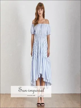 Lena Dress - Summer Striped Women Dress O Neck Short Sleeve High Waist Hit Color Asymmetrical Midi