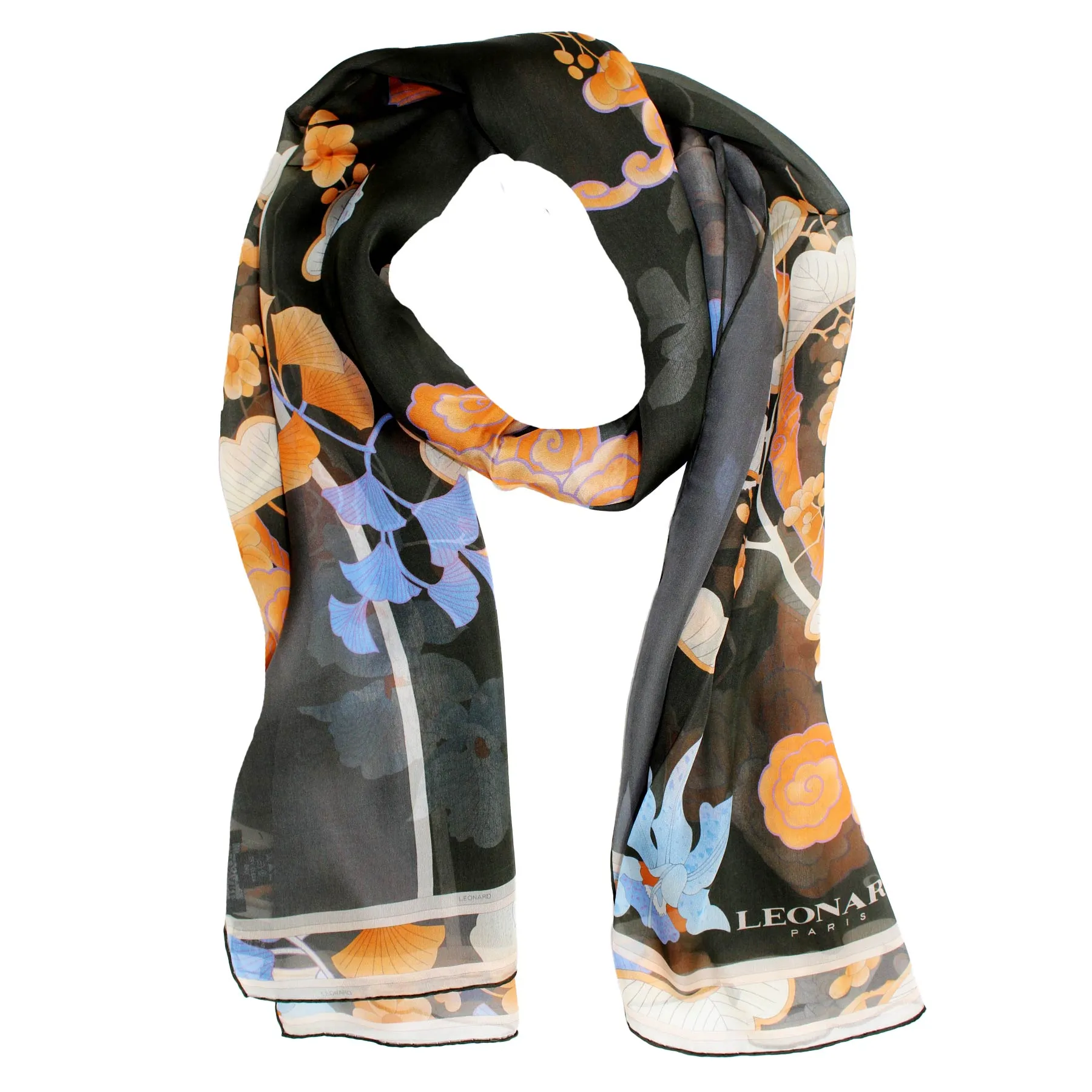 Leonard Paris Scarf Black Brown Floral - Chiffon Silk Shawl