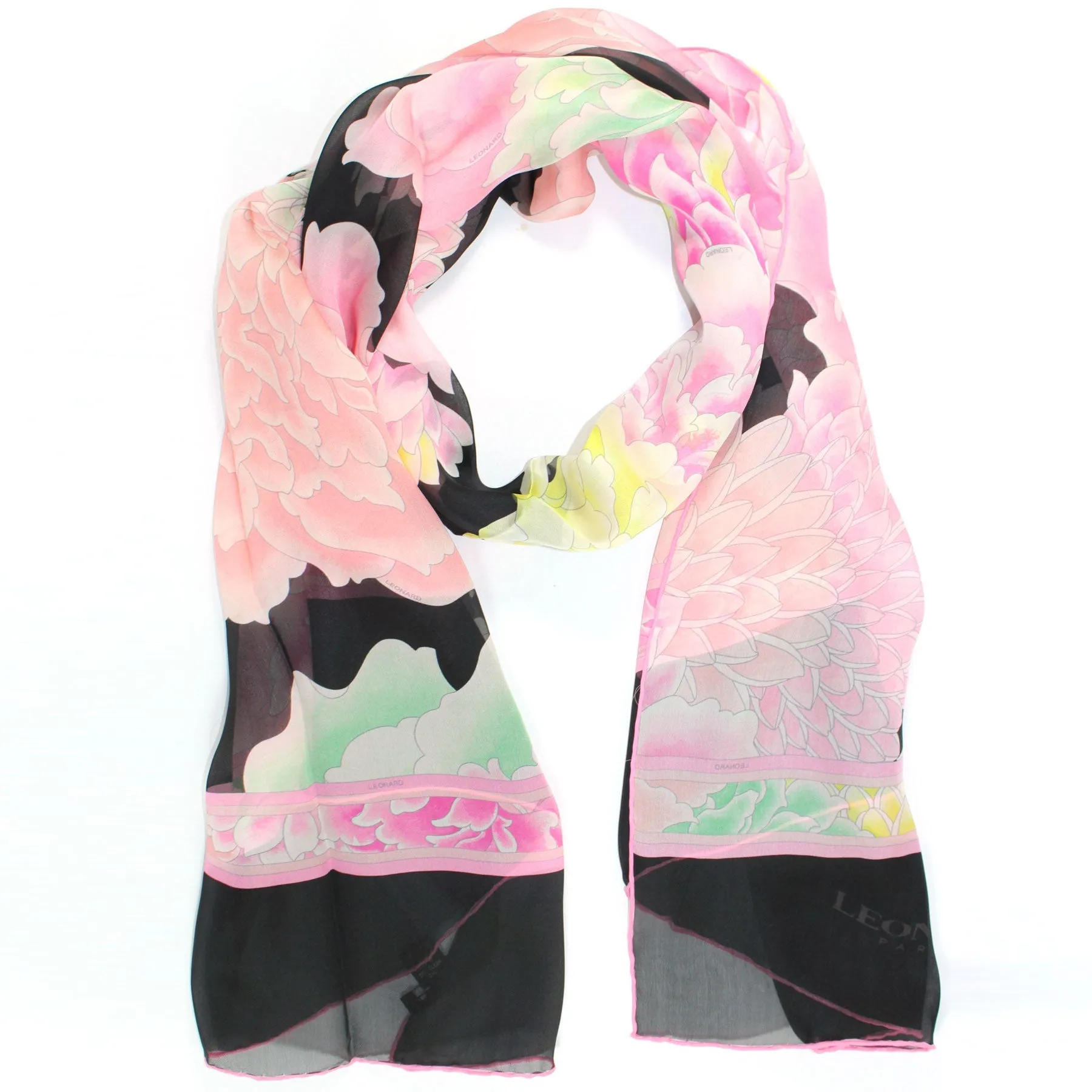 Leonard Paris Scarf Black Pink Floral - Chiffon Silk Shawl