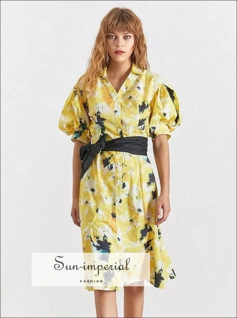 Liliana Dress- Summer Elegant Print Dress for Women Lapel Half Puff Sleeve High Wasit Bandage