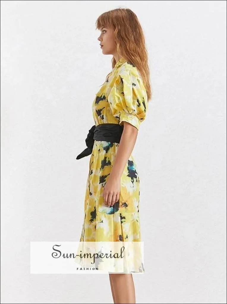 Liliana Dress- Summer Elegant Print Dress for Women Lapel Half Puff Sleeve High Wasit Bandage