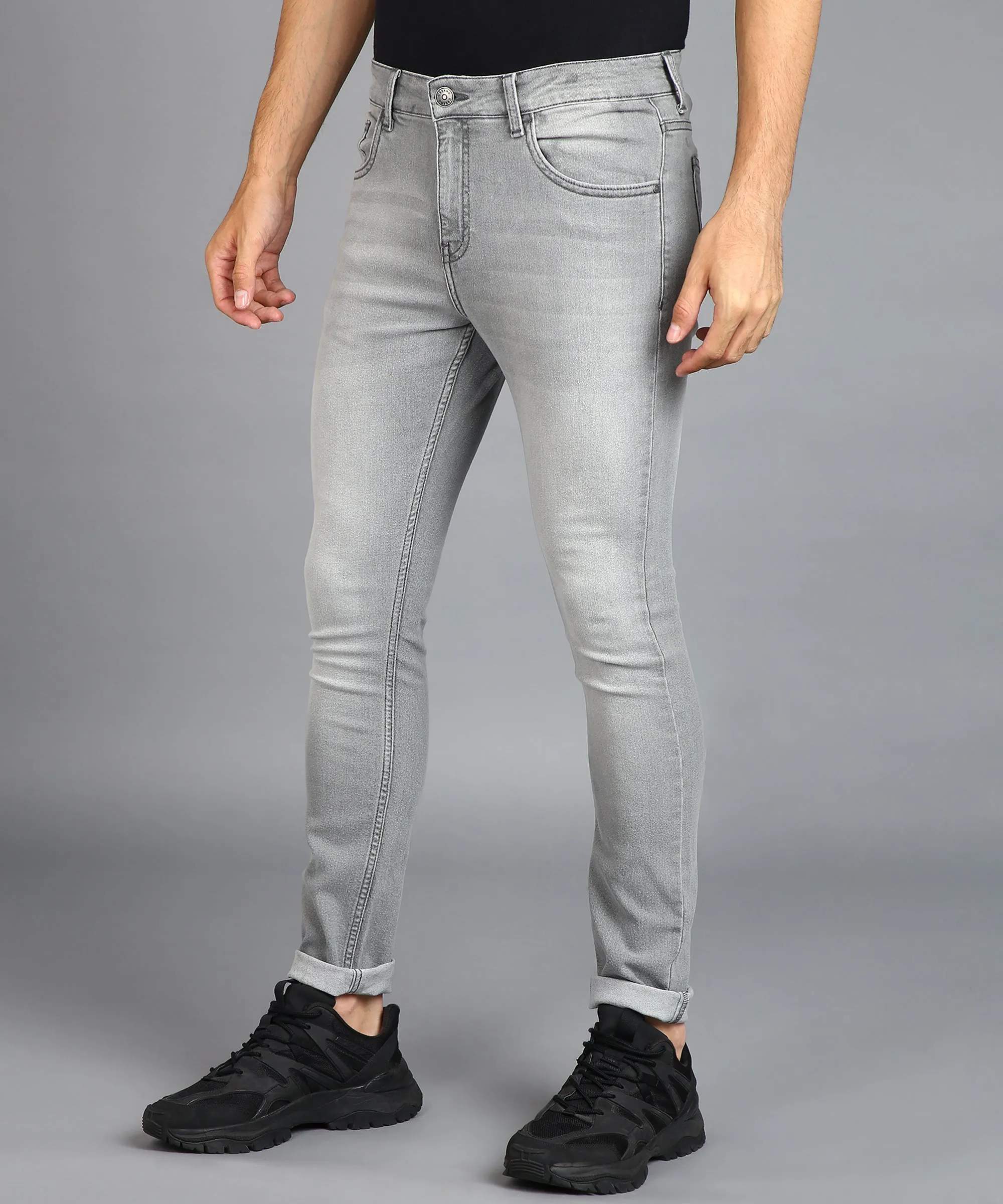 Men's Ice Grey Regular Fit Washed Jeans Stretchable