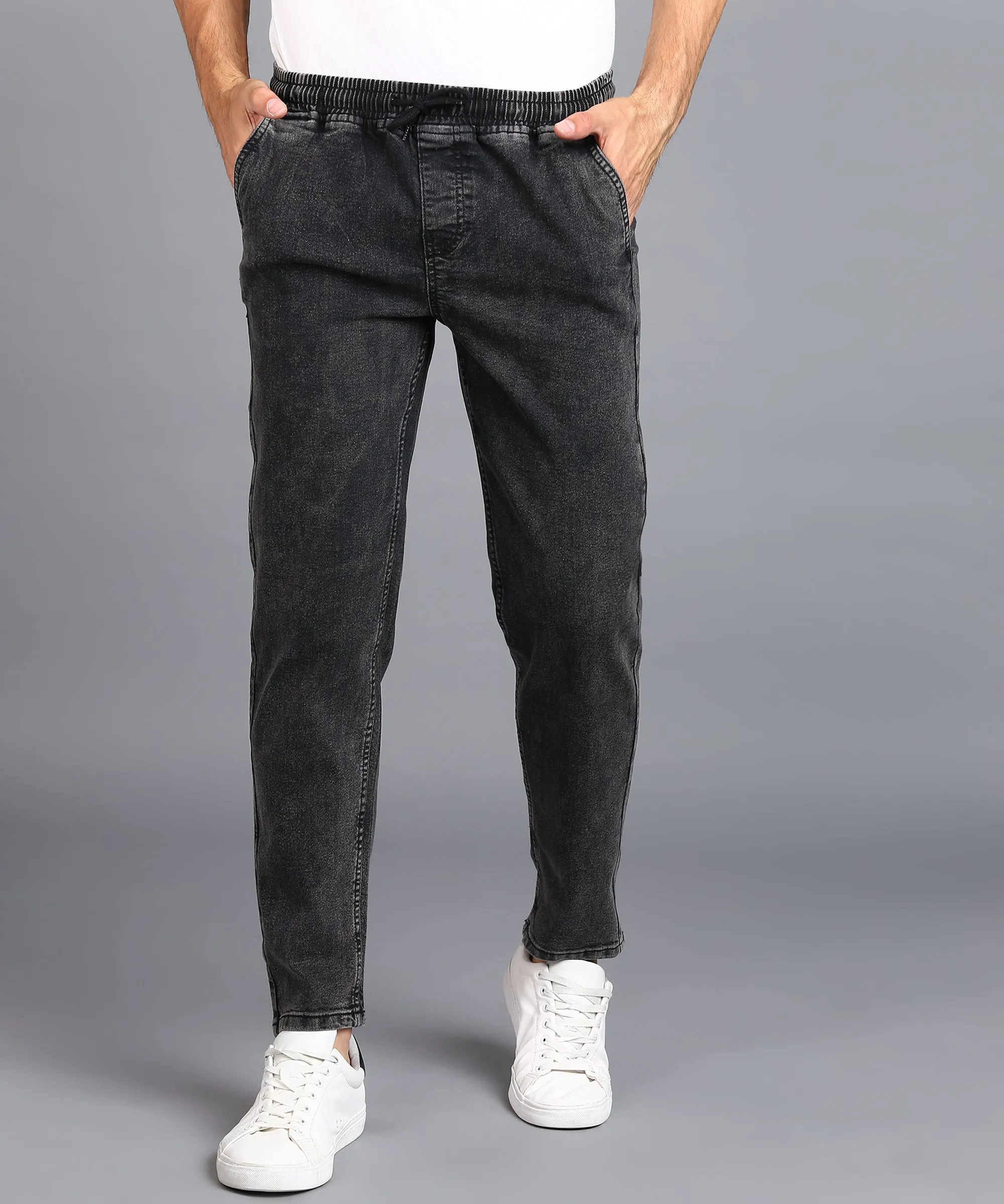 Men's Jet Black Regular Fit Washed Jogger Jeans Stretchable