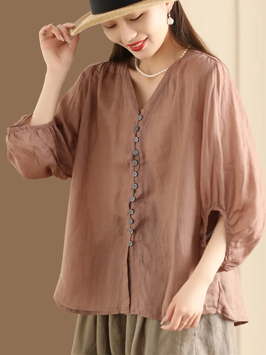 Plus Size Women Casual Summer Solid Button-up Ramie Shirt PA1038