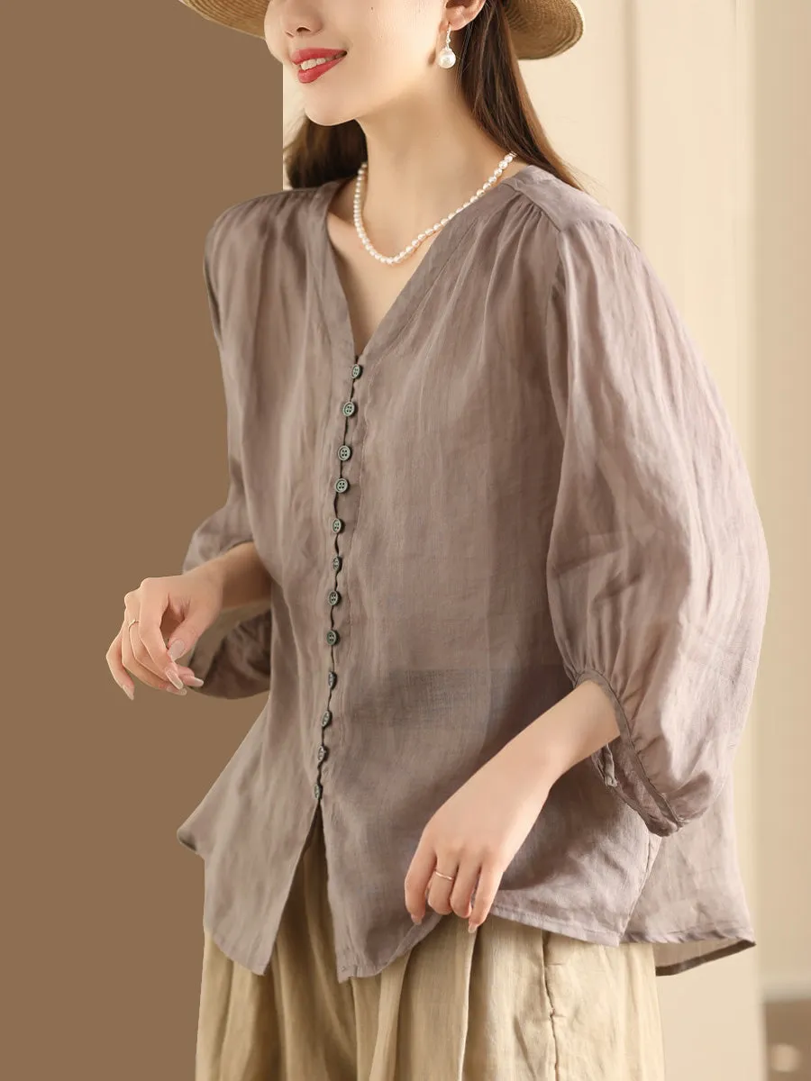 Plus Size Women Casual Summer Solid Button-up Ramie Shirt PA1038