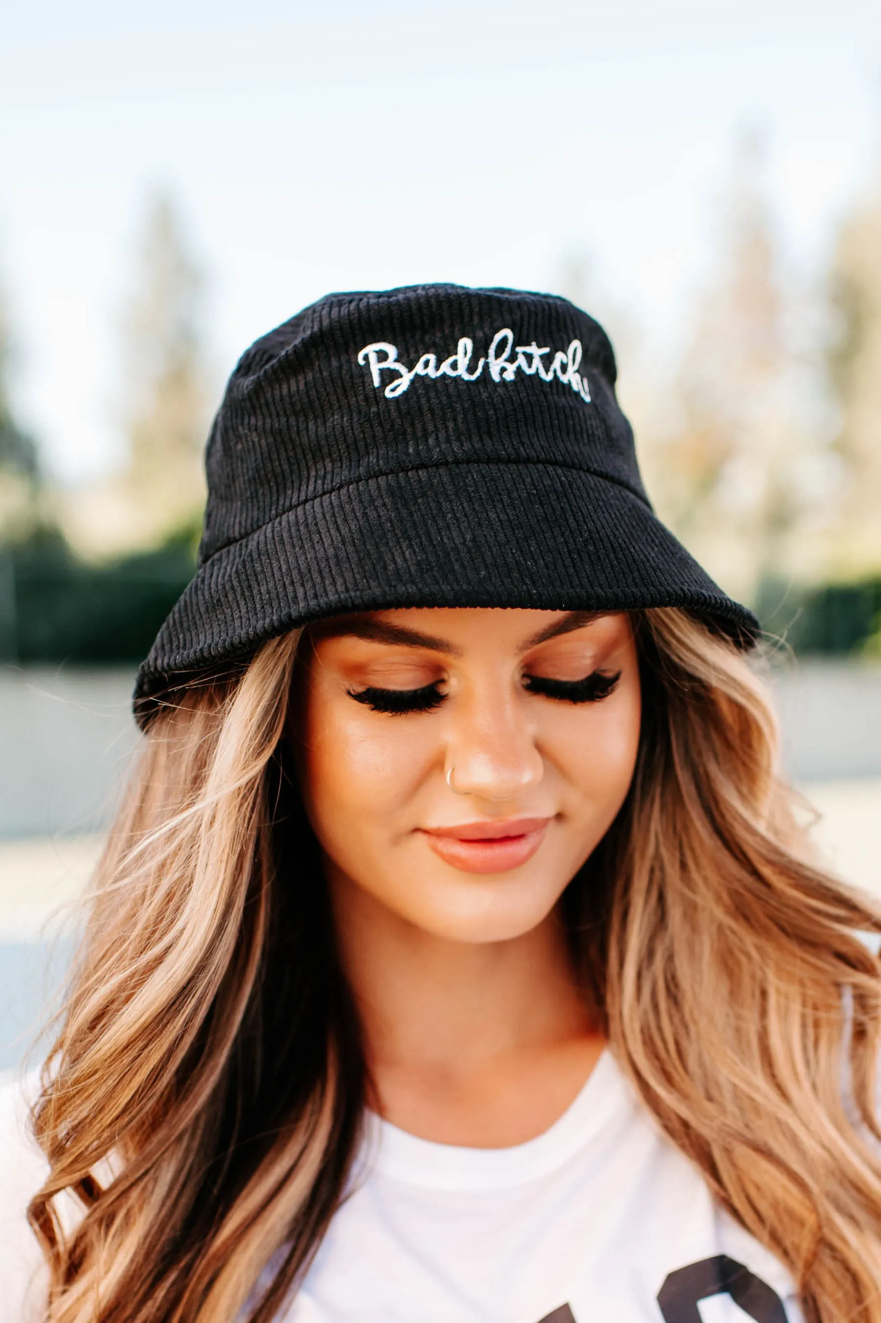 "Bad Bitch" Corduroy Bucket Hat (Black)