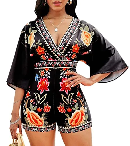 Rompers for Women Summer Dressy Half Sleeve Backless Top Jumpsuit Casual V Neck Floral Print Loose One Piece Outfit