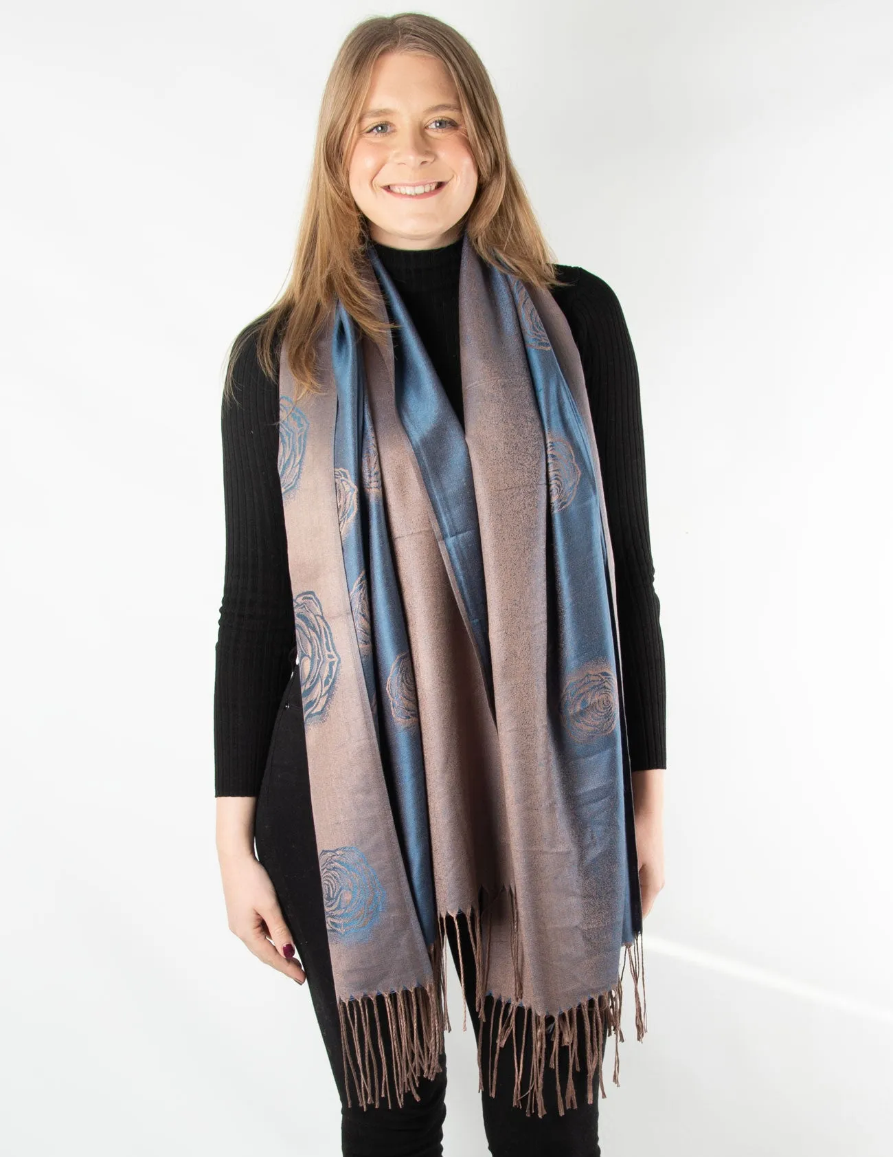 Roses Print Pattern Pashmina Blue And Bronze