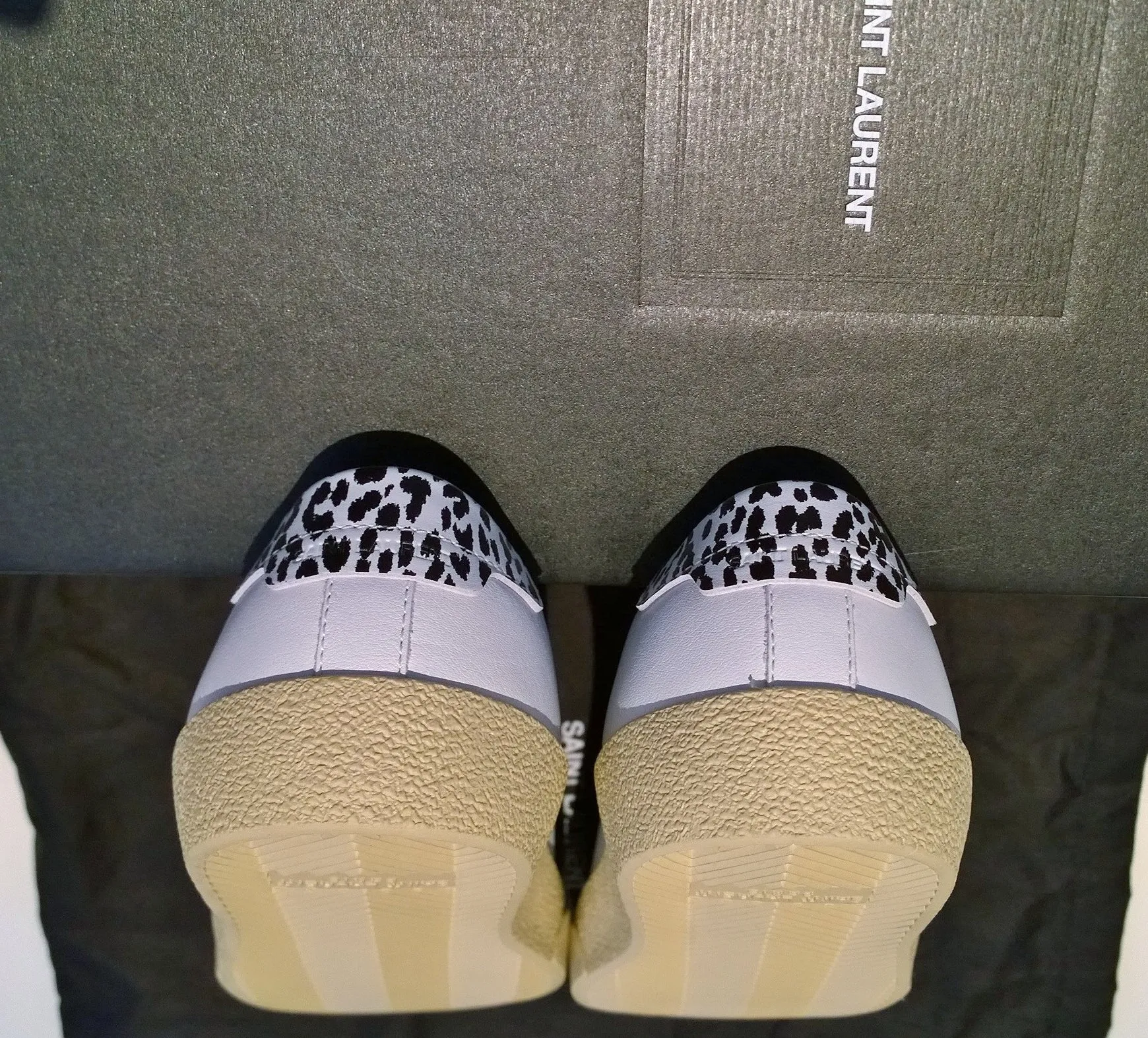 Saint Laurent Court Classic White Leather Sneakers with Snow Leopard Print Detail New Shoes