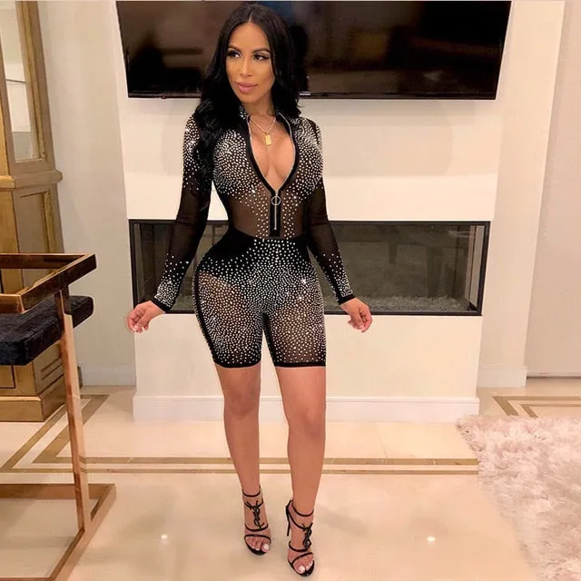 Sexy Women Mesh Glitter Rhinestones Playsuit  Short Pants Summer Transparent Zipper Jumpsuit Romper 2019 Long Sleeve Night Club