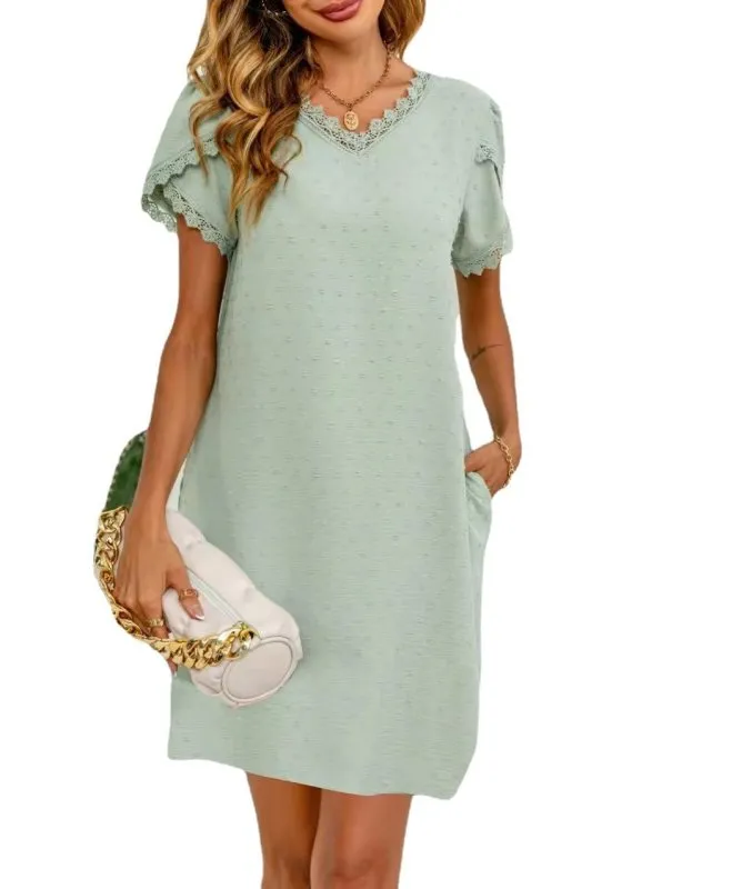 Spring Summer Women V-neck T-shirt Lace Petal Sleeve Pocket Fur Ball Dress