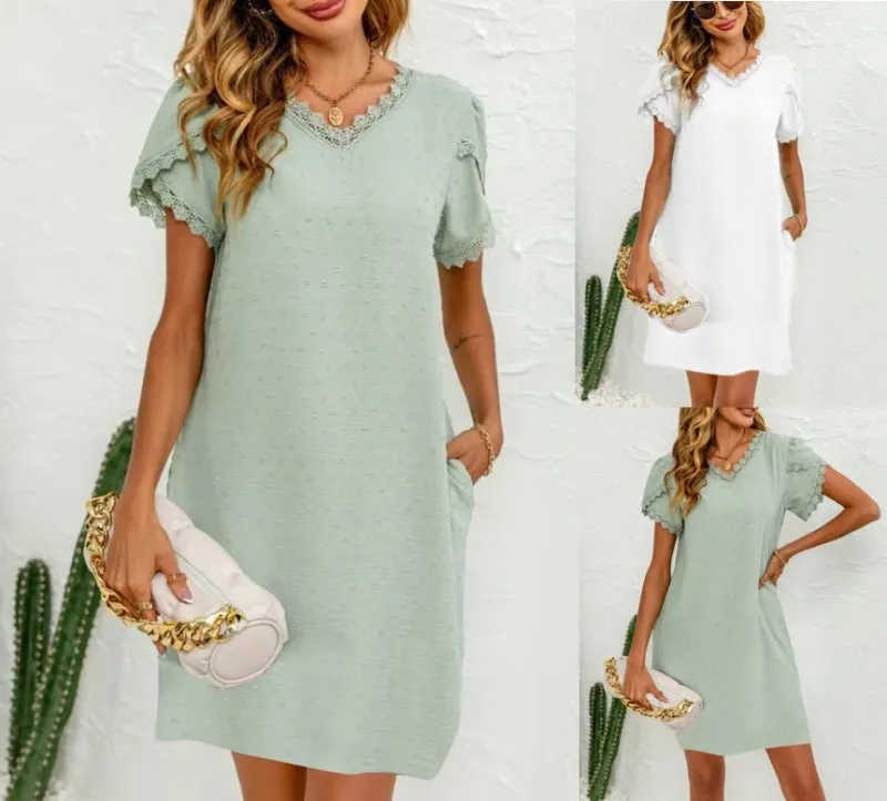 Spring Summer Women V-neck T-shirt Lace Petal Sleeve Pocket Fur Ball Dress