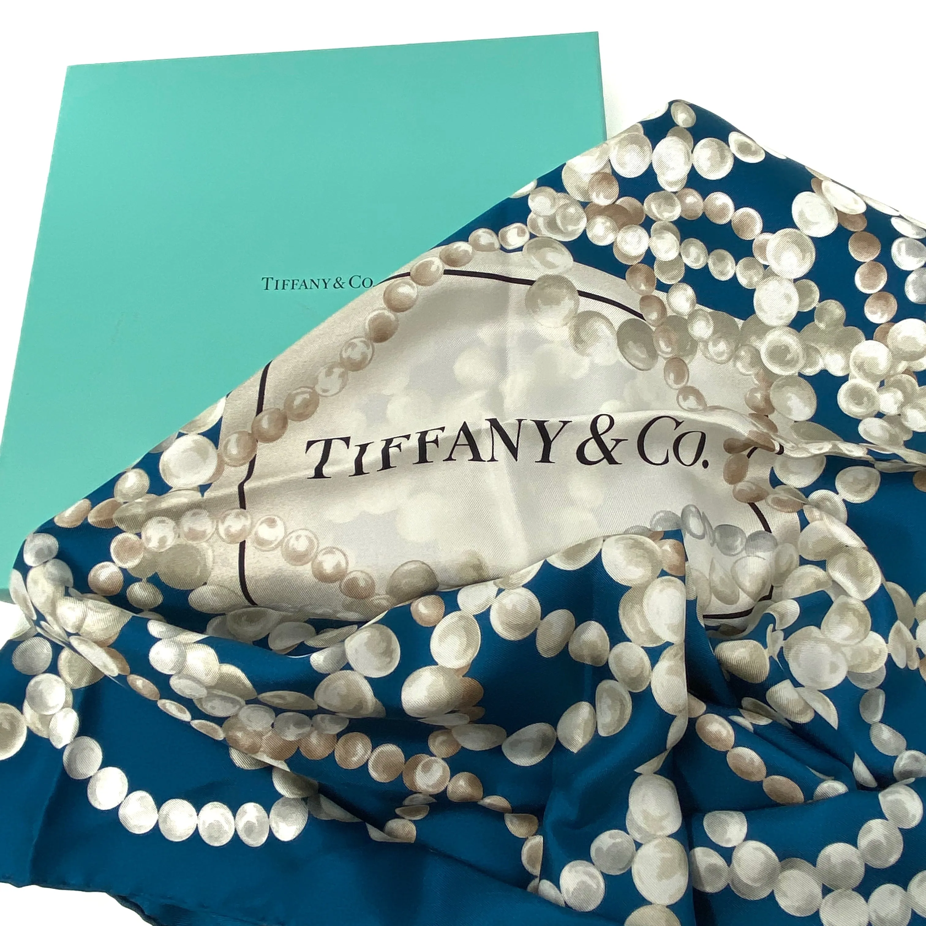 Tiffany & Co. Pearls Ribbon Silk Scarf in Dark Blue 34" x 34"