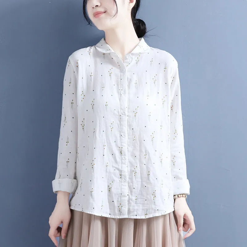 Women Summer Long Sleeve Floral Thin Cotton Blouse