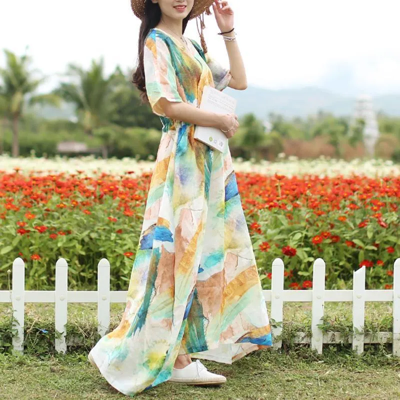 Women Summer V-Neck Printed Waisted Linen Short Sleeve Dress