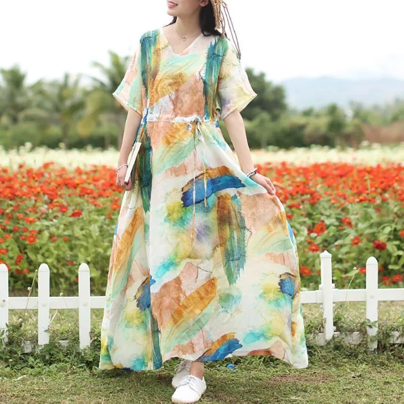 Women Summer V-Neck Printed Waisted Linen Short Sleeve Dress