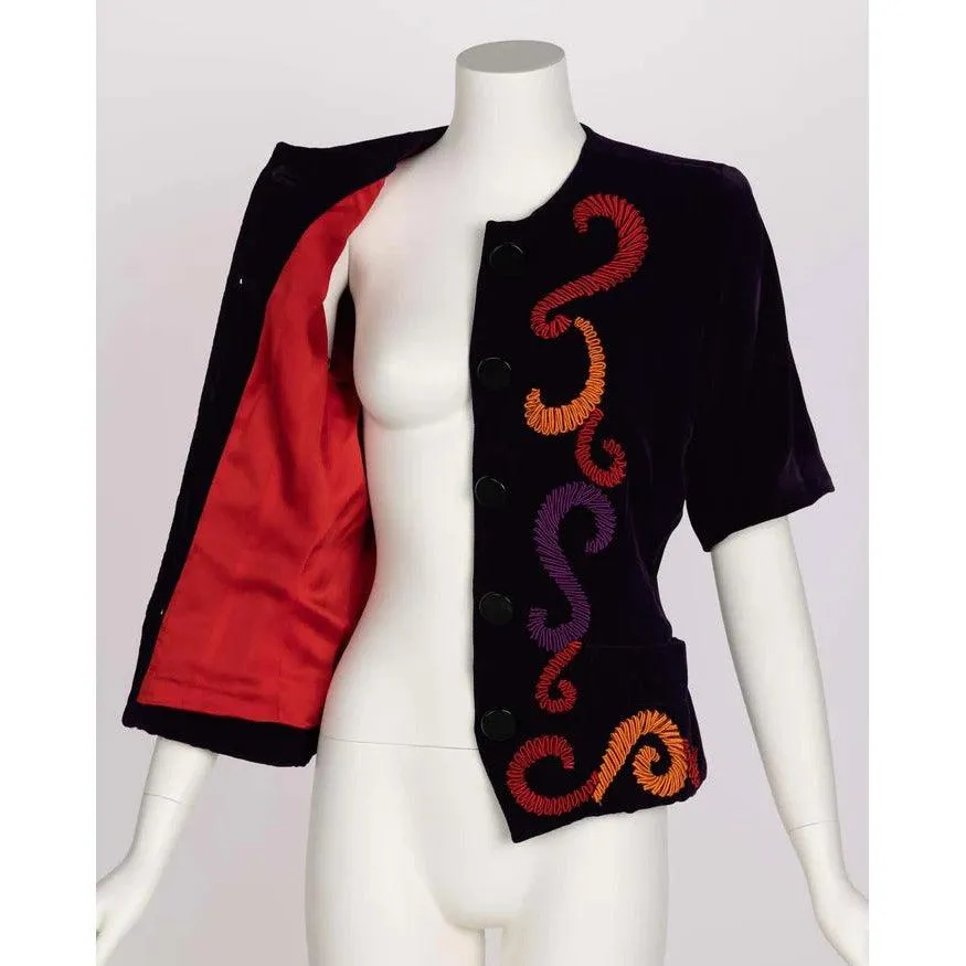 YVES SAINT LAURENT Runway Purple Velvet Embroidered Jacket | Size 40 FR